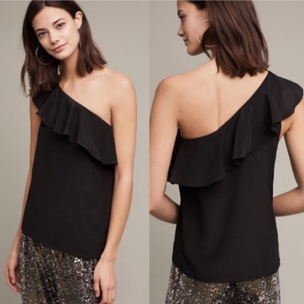 Anthropologie Maeve One Shoulder Silk Ruffle Top